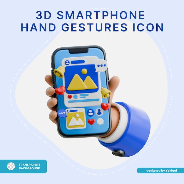 Icon 3D con el teléfono inteligente en la mano para navegar por las redes sociales