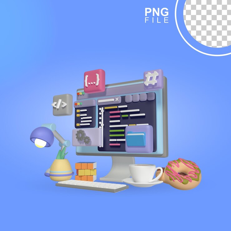 PSD icon de espacio de trabajo de codificación 3d un monitor de computadora con un fondo azul con una página web en la esquina