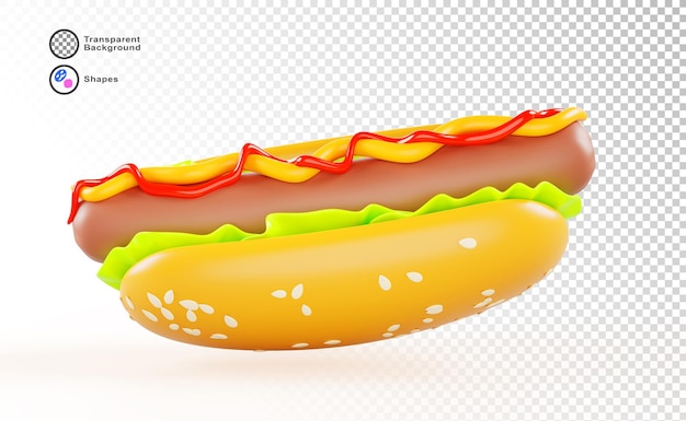 Icon de hot-dog 3D de pain de sésame, de saucisse grillée, de laitue, de ketchup et de sauce à la moutarde.