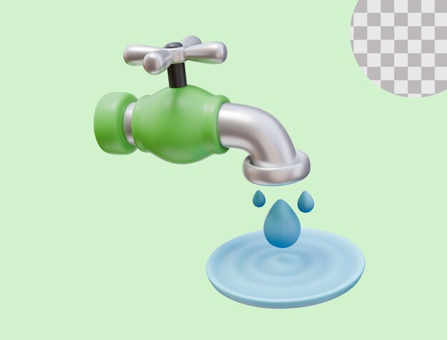 Icon Render 3D Abre el grifo gota de agua ecología cuidado de la naturaleza ahorro de agua concepto de medio ambiente
