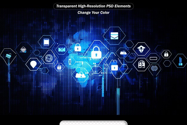 PSD icon de verrou de clé de sécurité affichage numérique sur la carte du monde et forme hexagonal sur la matrice