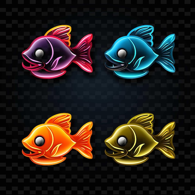 PSD icon de visage de poisson png emoji avec des lignes de néon ludiques étonnées, endormies et affamées y2k forme accrocheuse