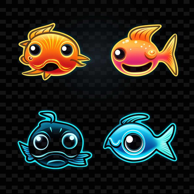 PSD icon de visage de poisson png emoji avec des lignes de néon ludiques étonnées, endormies et affamées y2k forme accrocheuse