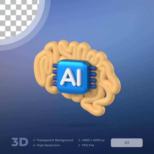Icona 3D del cervello AI Modello di intelligenza artificiale con sfondo trasparente