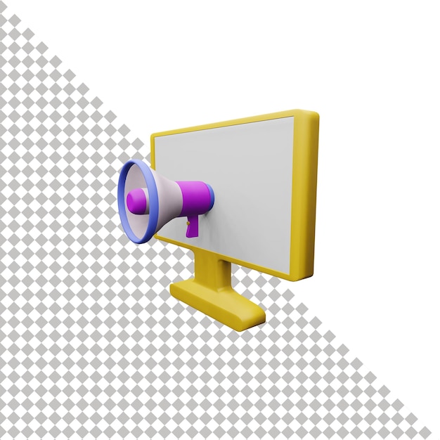 Icona 3d del computer e del megafono Illustrazione 3D dei dati di marketing