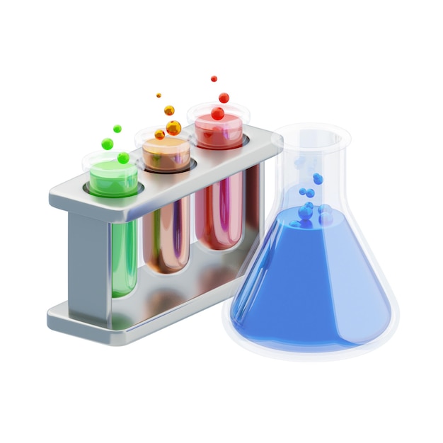 Icona 3D di bottiglie di prova di laboratorio colorate