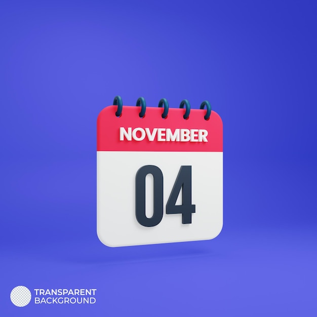 Icona calendario realistico di novembre Data di rendering 3D 04 novembre