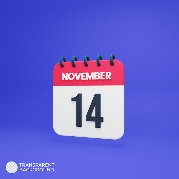 Icona calendario realistico di novembre Data di rendering 3D 14 novembre