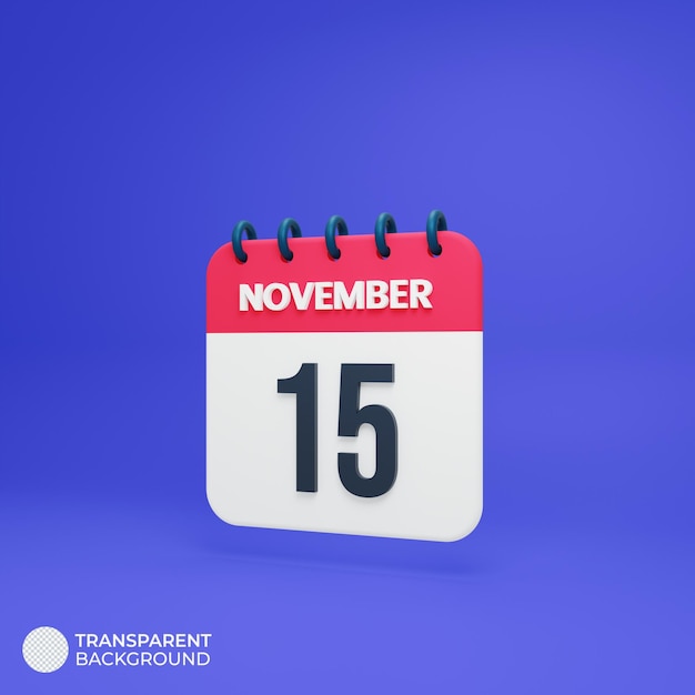 Icona calendario realistico di novembre Data di rendering 3D 15 novembre