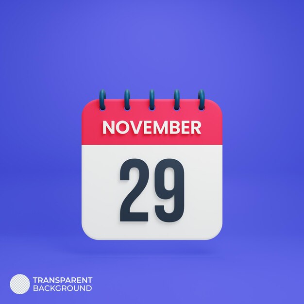 Icona calendario realistico di novembre Data di rendering 3D 29 novembre