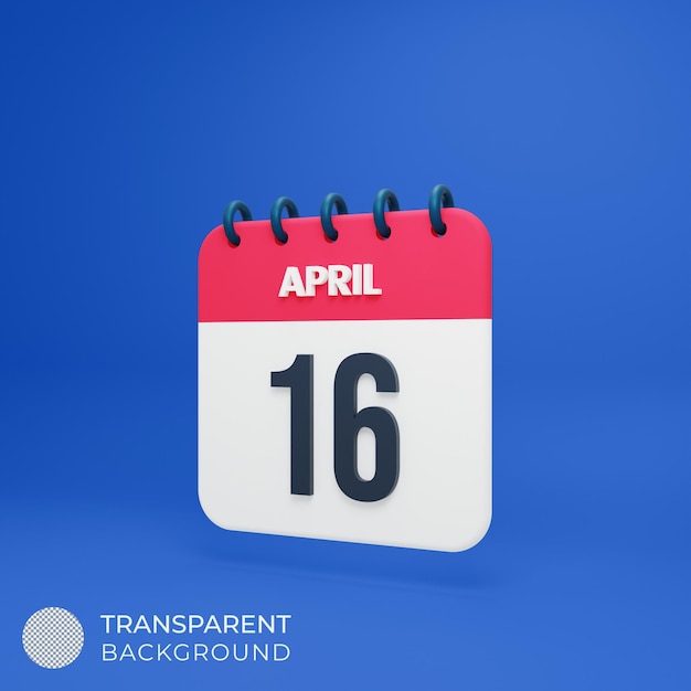 Icona del calendario realistico di aprile Data di rendering 3D 16 aprile