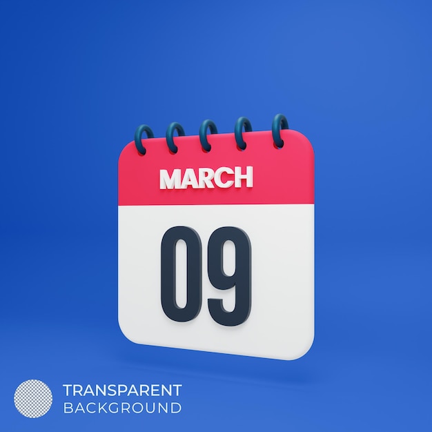 Icona del calendario realistico di marzo Illustrazione 3D Data 09 marzo