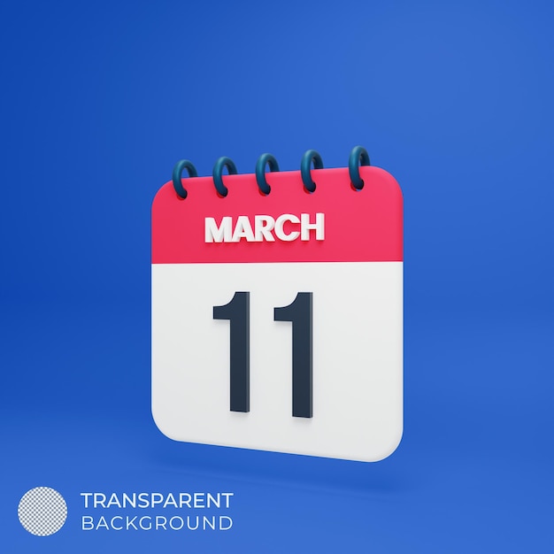 Icona del calendario realistico di marzo Illustrazione 3D Data 11 marzo