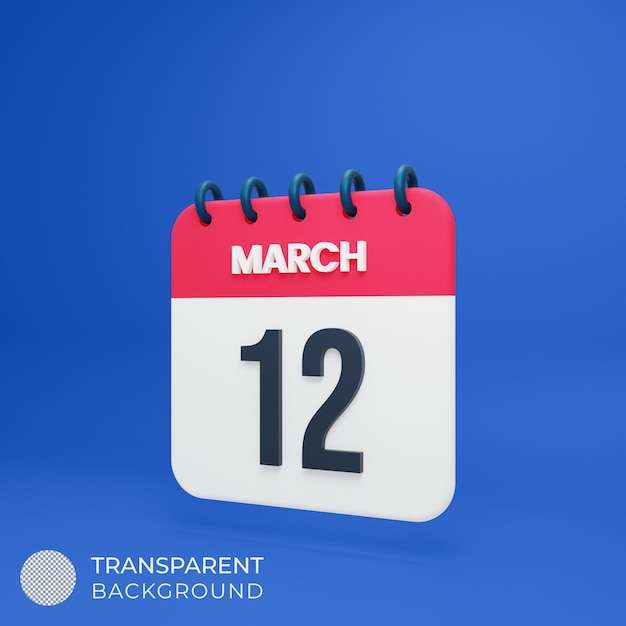 Icona del calendario realistico di marzo Illustrazione 3D Data 12 marzo