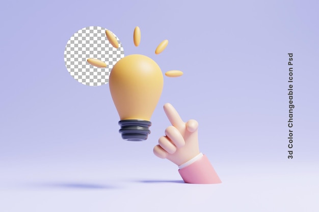 Icona del concetto di idea imprenditoriale creativa 3d o lampadina creativa 3d con icona del concetto di mano