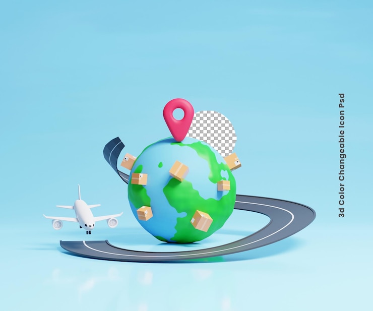 PSD icona del concetto di servizio di consegna internazionale del carico o servizio di consegna del carico aereo 3d