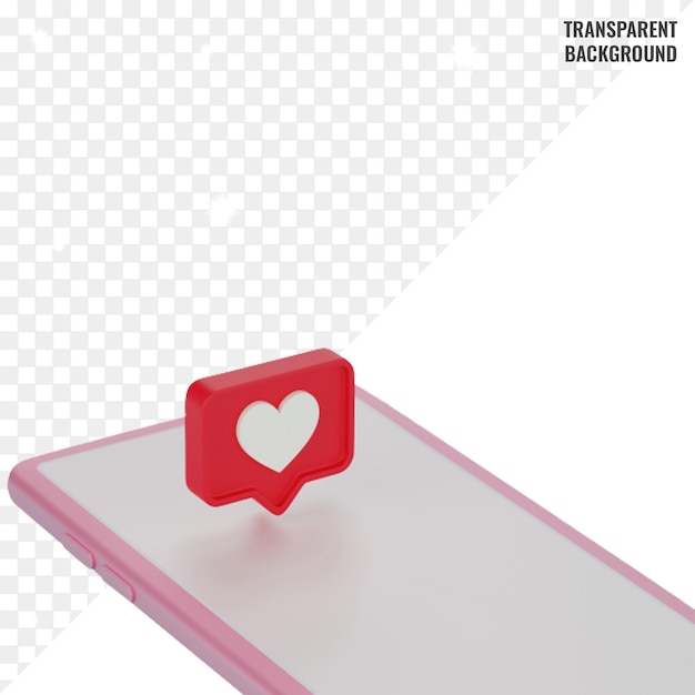 Icona del logo di notifica d'amore sopra il rendering 3d dello smartphone su psd trasparente