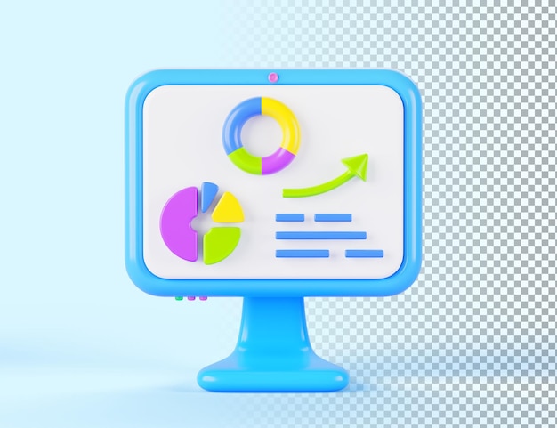 Icona del monitor del computer con grafico infografico isometrico e diagramma a torta sullo schermo del pc isolato su sfondo blu Rendering 3d del fumetto dell'analisi dei dati finanziari e dell'illustrazione 3D della crescita aziendale