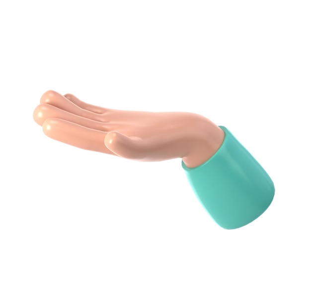 Icona del palmo aperto 3D della mano di un simpatico cartone animato La mano di rendering prende dando in mano qualcosa di amichevole