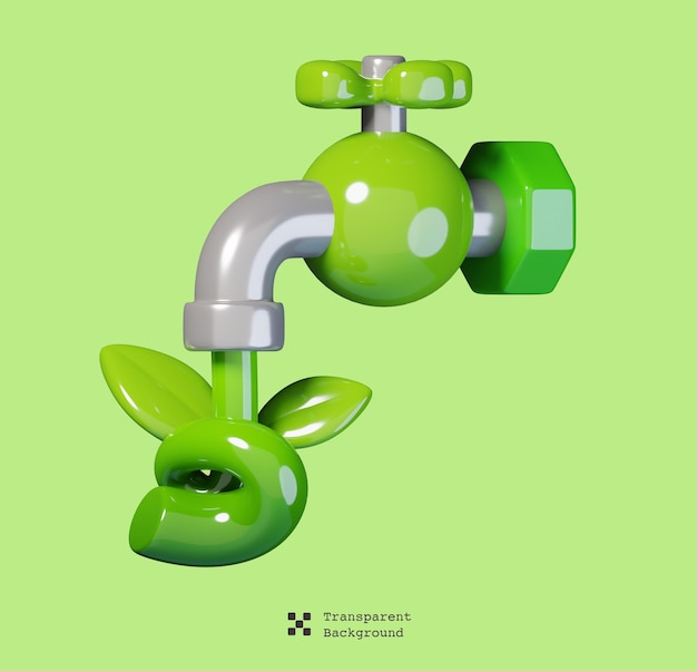 Icona del rubinetto dell'acqua e icona del rubinetto foglia isolata. icona isolata. Ecologia e ambiente icona rendering 3D