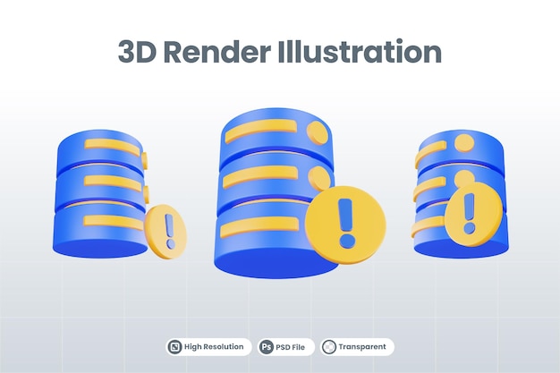 Icona del server di database di rendering 3D con icona del punto esclamativo isolata