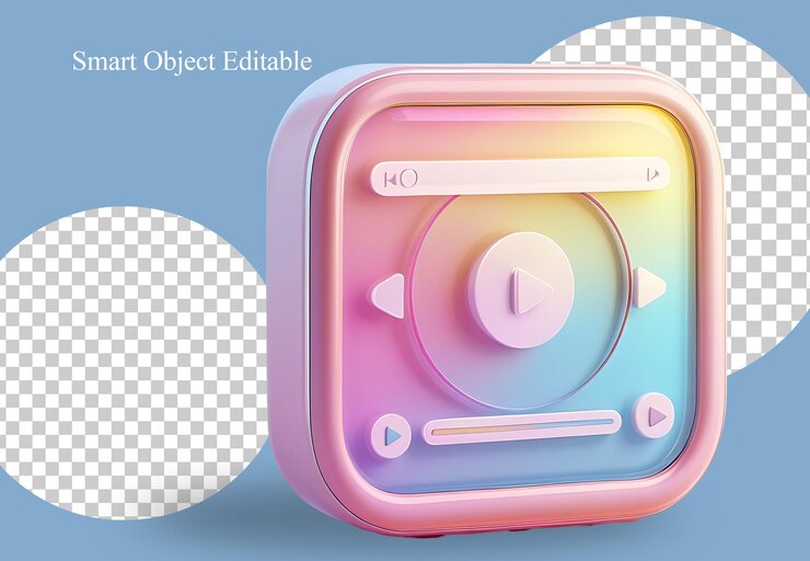 PSD icona dell'app del lettore musicale 3d con i pulsanti di pausa di riproduzione in avanti e indietro