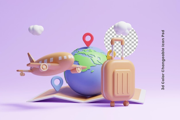 Icona dell'interfaccia utente del concetto di planata di viaggio della posizione del pin 3d o mappa del pin 3d con il viaggio dell'aereo di volo