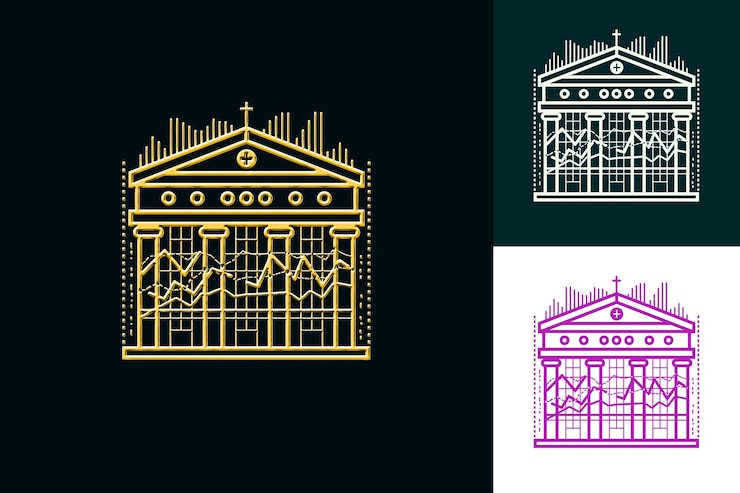 PSD icona della borsa con un contorno della facciata dell'edificio e disegni di icone minimalisti astratti di detai