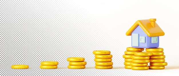 Icona della casa del fumetto di rendering 3D su pile di monete d'oro Concetto di risparmio di denaro mutuo o prestito per l'acquisto di casa Successo finanziario ricchezza e crescita investimento immobiliare azionario