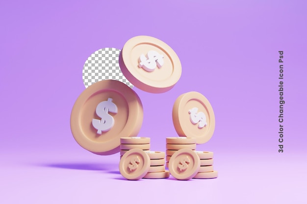 Icona della moneta da un dollaro fluttuante 3D con denaro in pila o denaro della pila 3D con icona della moneta da un dollaro fluttuante