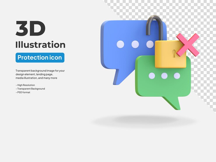 PSD icona di chat privata protezione dei dati con lucchetto sbloccato e simbolo a croce 3d rendering illustrazione