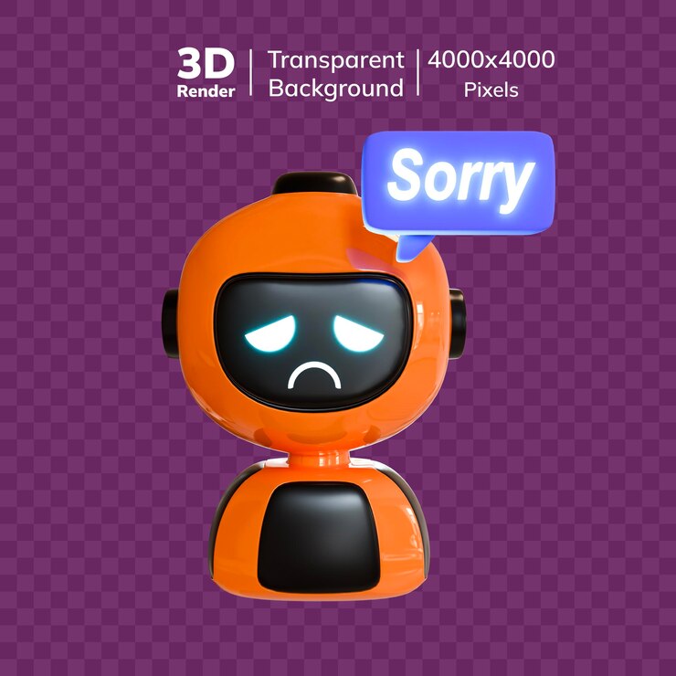 PSD icona di chatbot 3d triste con bolla di discorso scusante su sfondo trasparente 4000x4000 pixel