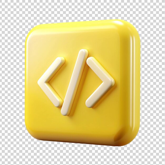 Icona di codice di rendering 3D di programmazione gialla isolata su uno sfondo trasparente