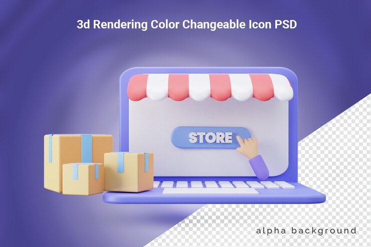 PSD icona di concetto di acquisto online 3d con il computer portatile
