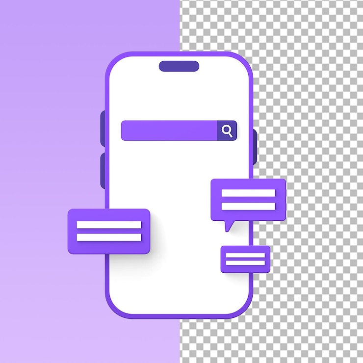 PSD icona di illustrazione viola 3d dello smartphone per chat online e messaggi per i social media ui ux