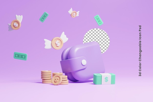 Icona di rimborso 3d con banconote e monete fluttuanti o 3d risparmia denaro sull'icona del concetto di banca