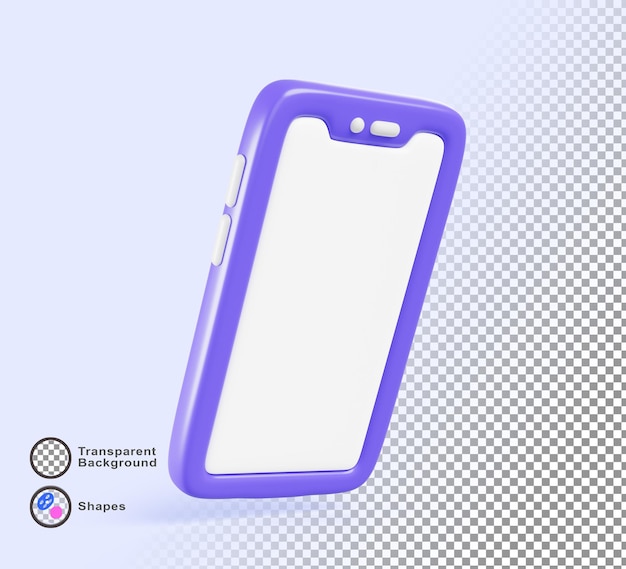 Icona di smartphone 3D con rendering di schermo bianco vuoto Mock-up di telefono cellulare viola con touchscreen vuoto isolato su sfondo blu modello di visualizzazione dell'angolo per il design di UI del gioco