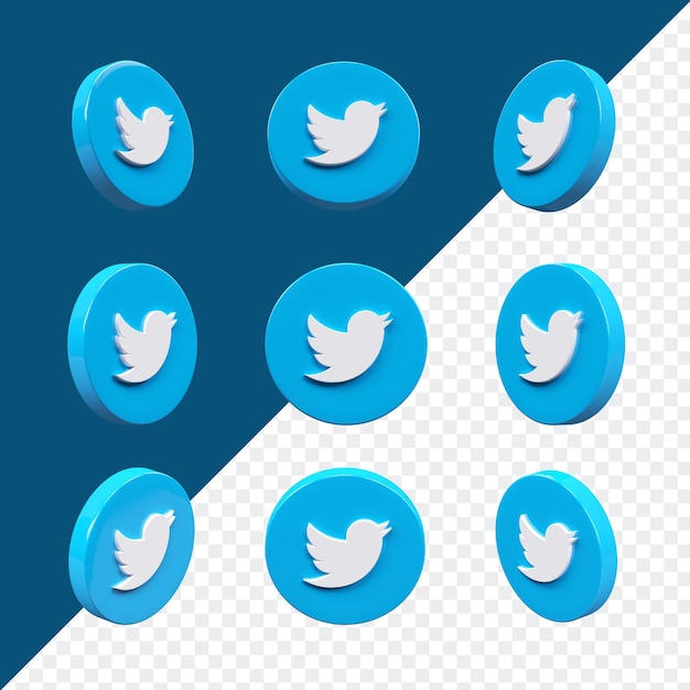Icona di twitter 3d impostata in nove diverse angolazioni isolate