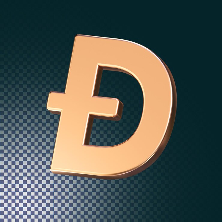 PSD icona dogecoin 3d ha reso il concetto isolato con effetto metallico oro lucido gold