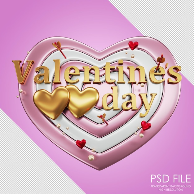 Icona freccette d'amore Iscrizione dorata Freccette rosa con lettere San Valentino Darst a forma di cuore Cuori d'oro rendering 3d illustrazione 3d