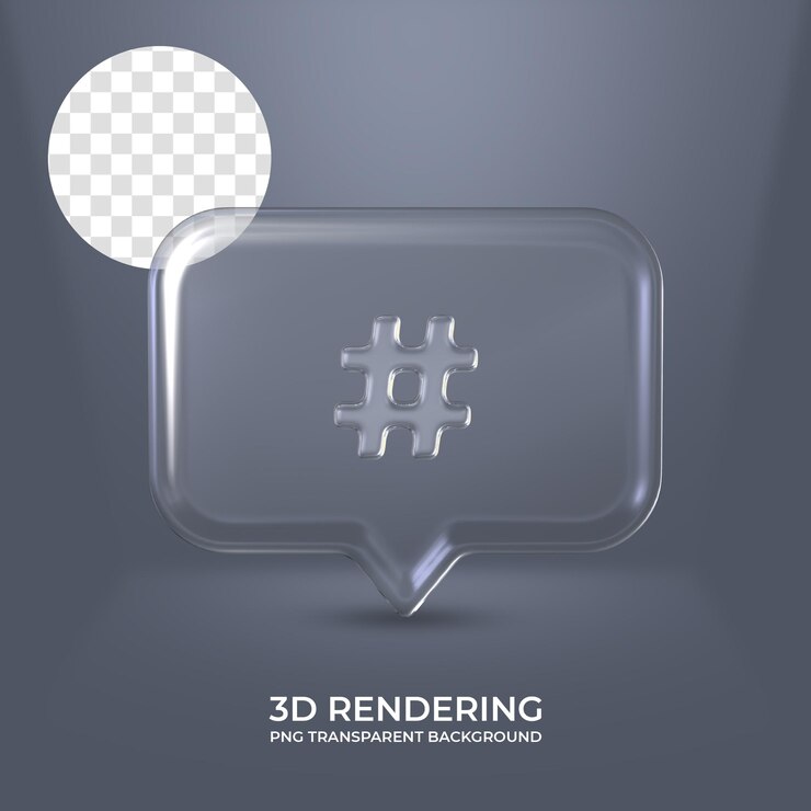 Icona hashtag con cornice in vetro rendering 3d