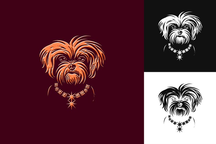 PSD icona maltese faccia di cane raffinata con un mantello bianco setoso e un disegno artistico vettoriale animale illustrato