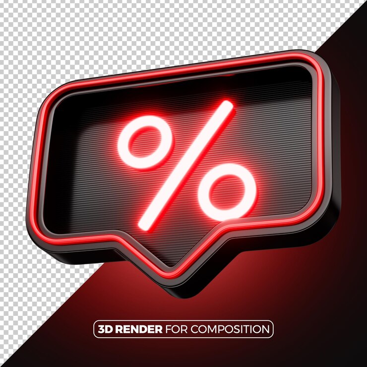 PSD icona percentuale con luce al neon renderizzata in rosso in 3d