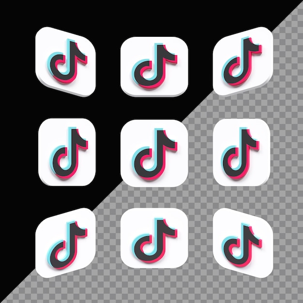Icona quadrata bianca 3d tiktok impostata in diverse angolazioni isolate