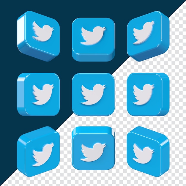 Icona quadrata di twitter 3d impostata in nove diverse angolazioni isolate