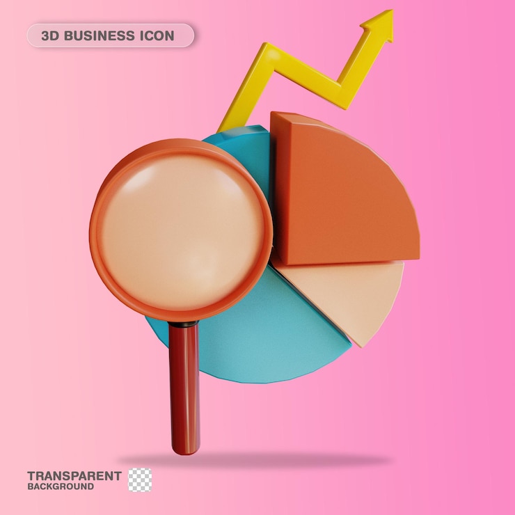 PSD icône 3d analyse d'entreprise avec loupe pour la source de marketing de la bannière de la page de destination du site web
