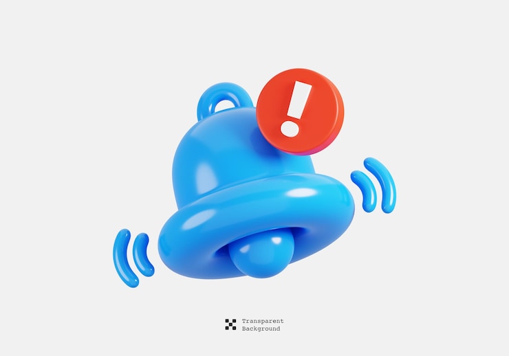 PSD icône 3d de la cloche de sonnerie bleue de notification avec un symbole d'avertissement ou d'erreur