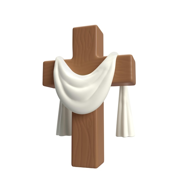 PSD Ícone 3d cruz de madeira com pano branco símbolo da ressurreição de jesus cristo ele ressuscitou páscoa