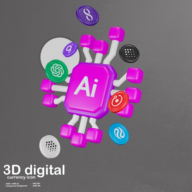 PSD Ícone 3d de inteligência artificial e criptomoeda digital ai.