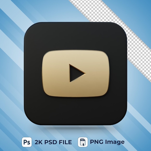 Ícone 3d de mídia social preta e dourada do youtube para design de interface do usuário